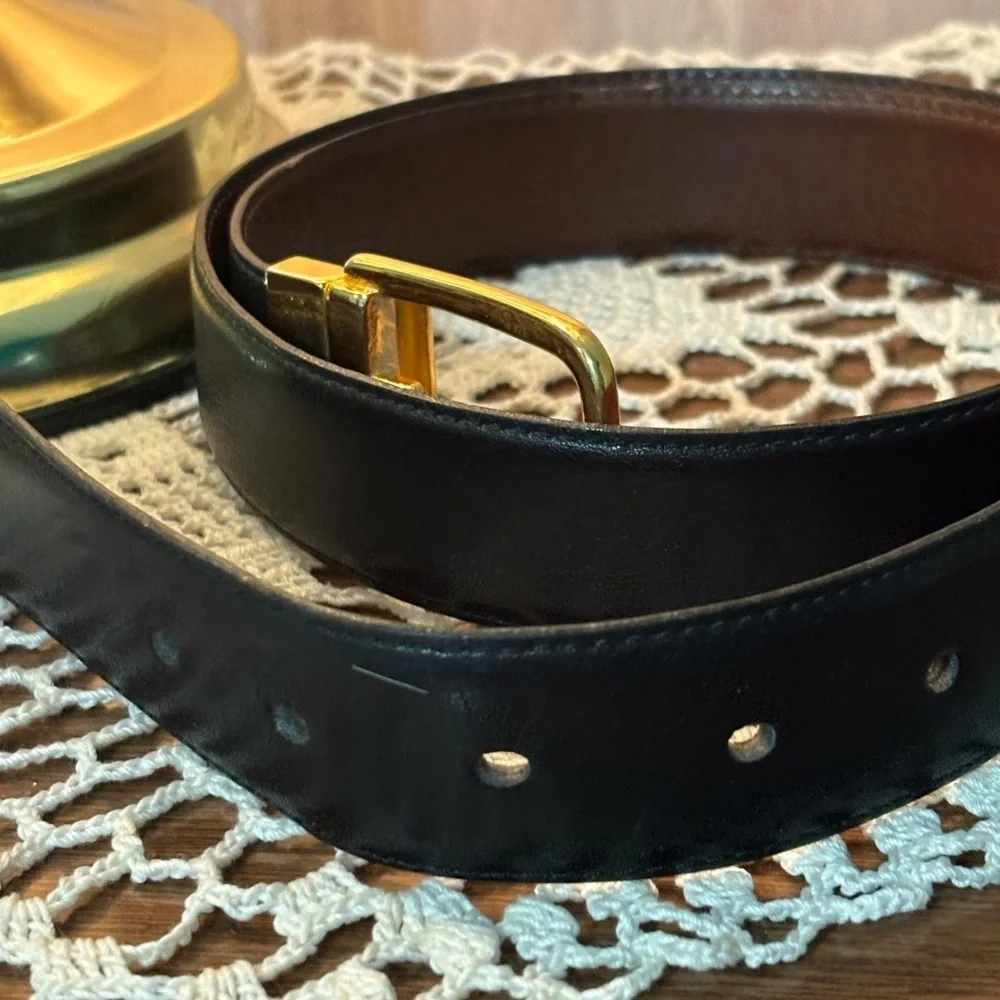 Yves Saint Laurent Solid Brass Buckle Reversible Brown Black Leather Belt